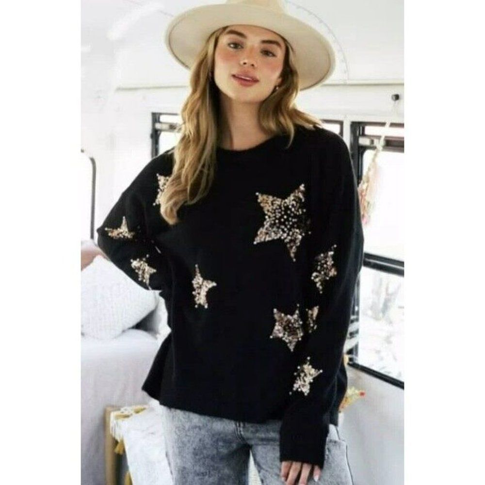 Fantastic Fawn Oh My Stars Sequin + Pearls Sweater in Black IFKT54447-01 - Picture 10 of 11